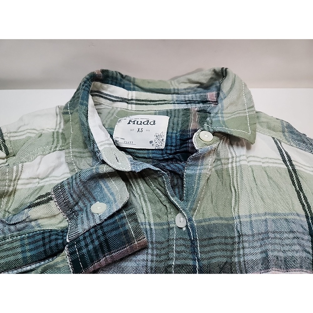 Mudd Womens XS Green Plaid Long Sleeve Button Up Flannel Shirt Pullover